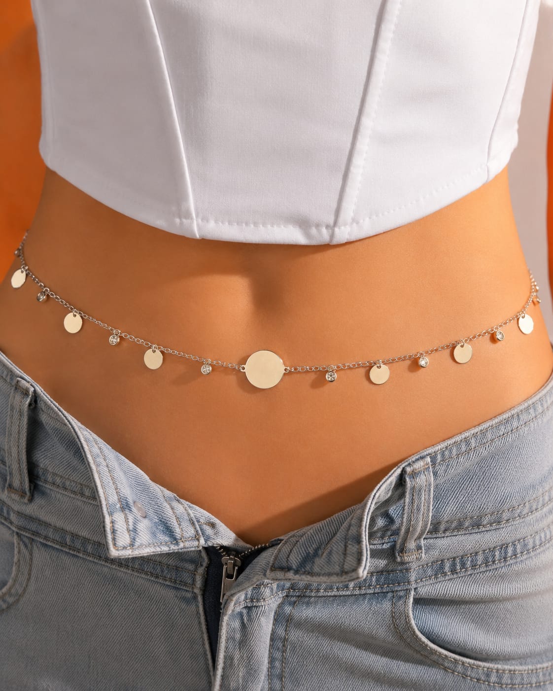 Silver Disc & Crystal Charm Waist Chain