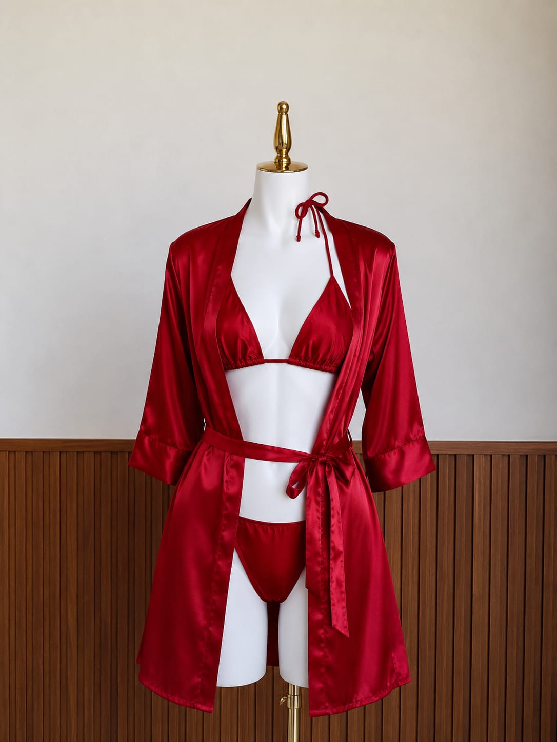 Luxury Silky Satin 3-Piece Lingerie Set – Robe, Bralette & Panty