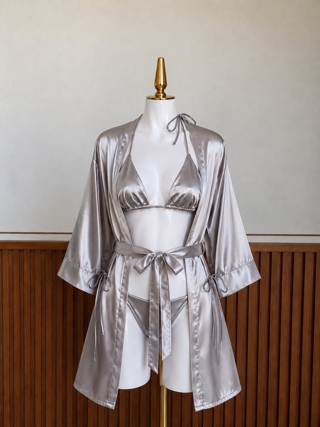 Luxury Silky Satin 3-Piece Lingerie Set – Robe, Bralette & Panty