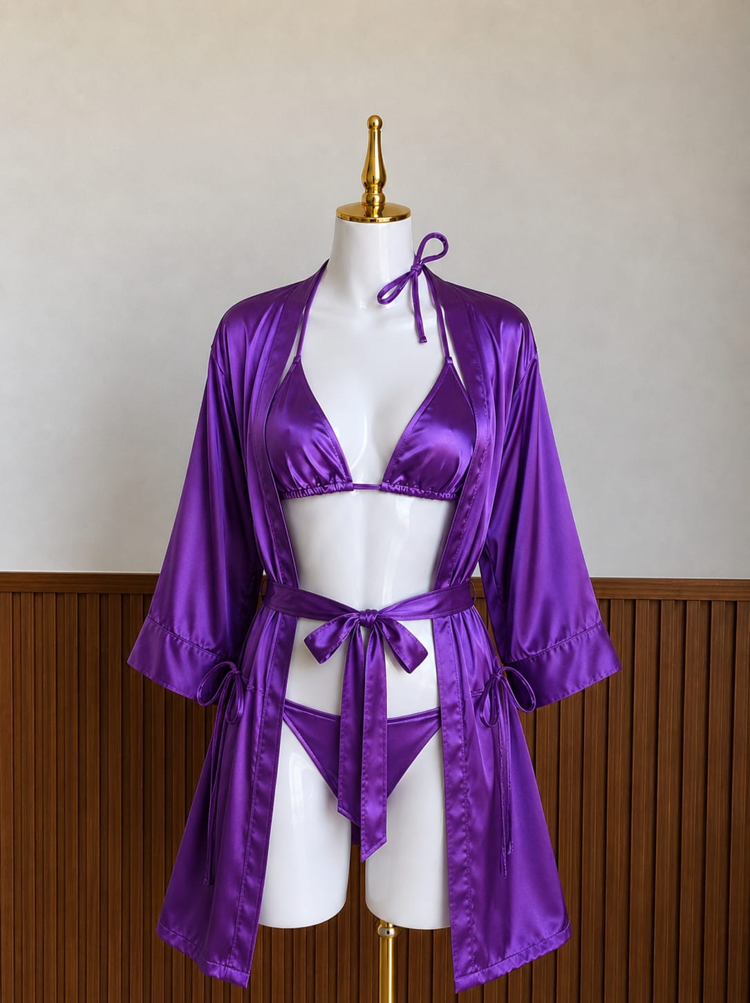 Luxury Silky Satin 3-Piece Lingerie Set – Robe, Bralette & Panty