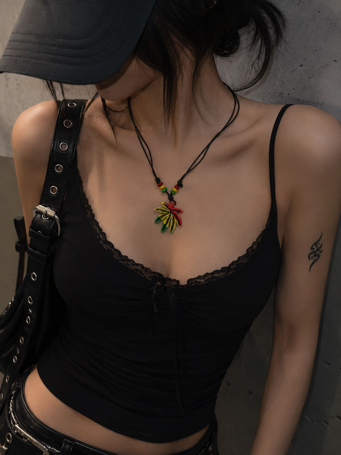 Rasta Tricolor Leaf Pendant Cord Necklace