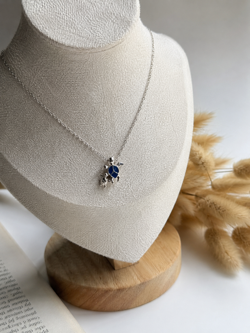 Silver Blue Enamel Sea Turtle Pendant Necklace