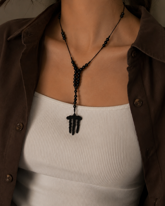 Black Beaded Cross Pendant Y Necklace