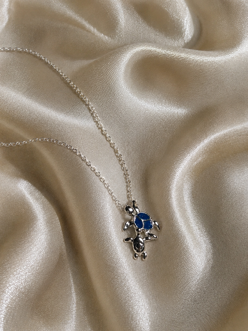 Silver Blue Enamel Sea Turtle Pendant Necklace