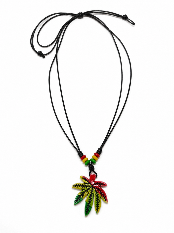 Rasta Tricolor Leaf Pendant Cord Necklace