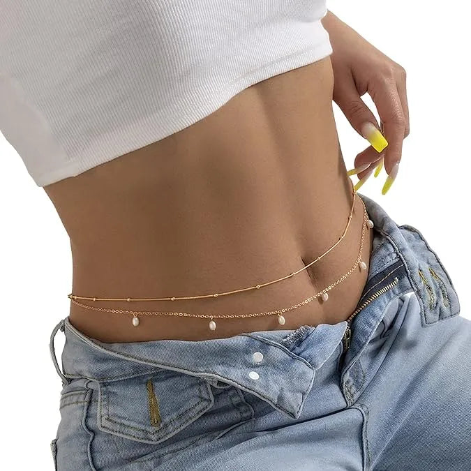 2-Piece Gold Beaded & Dainty Pearl Drops Waist Chain Set