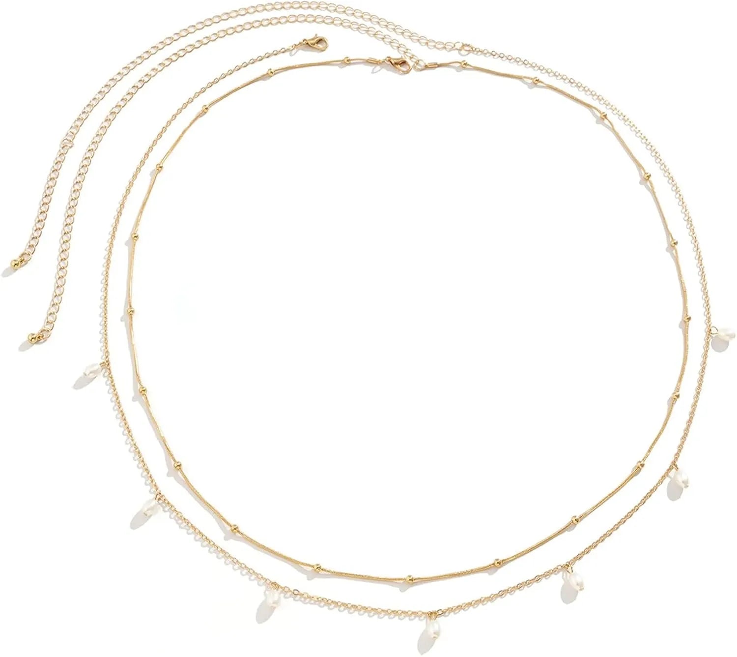 2-Piece Gold Beaded & Dainty Pearl Drops Waist Chain Set