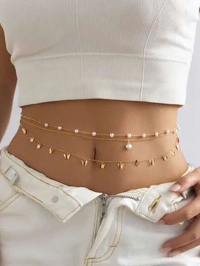 3-Piece Gold Layered Pearl & Butterfly Charm Waist Chain Set