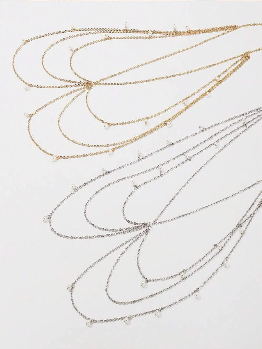 Boho Pearl & Crystal Layered Crossover Waist Chain