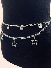 Silver Butterfly & Star Charm Layered Waist Chain