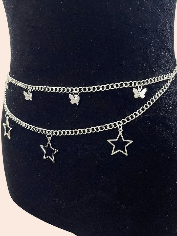 Silver Butterfly & Star Charm Layered Waist Chain