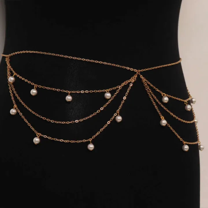 Gold Layered Pearl Drapes Waist & Belly Chain