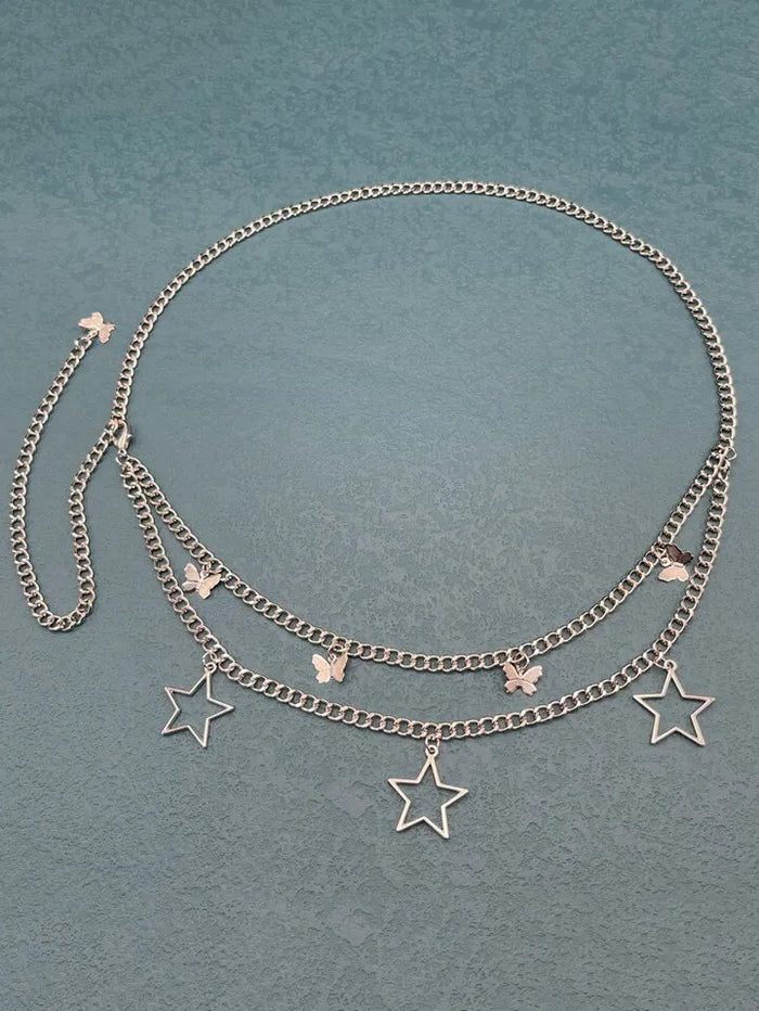 Silver Butterfly & Star Charm Layered Waist Chain