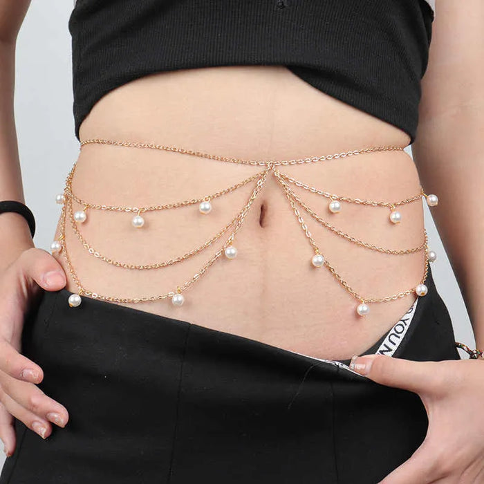 Gold Layered Pearl Drapes Waist & Belly Chain