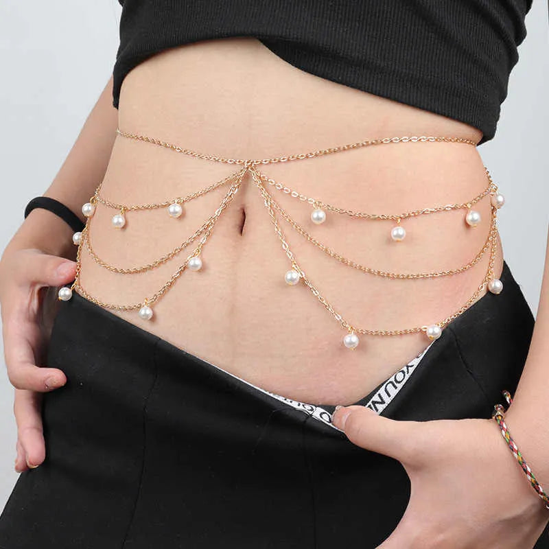 Gold Layered Pearl Drapes Waist & Belly Chain