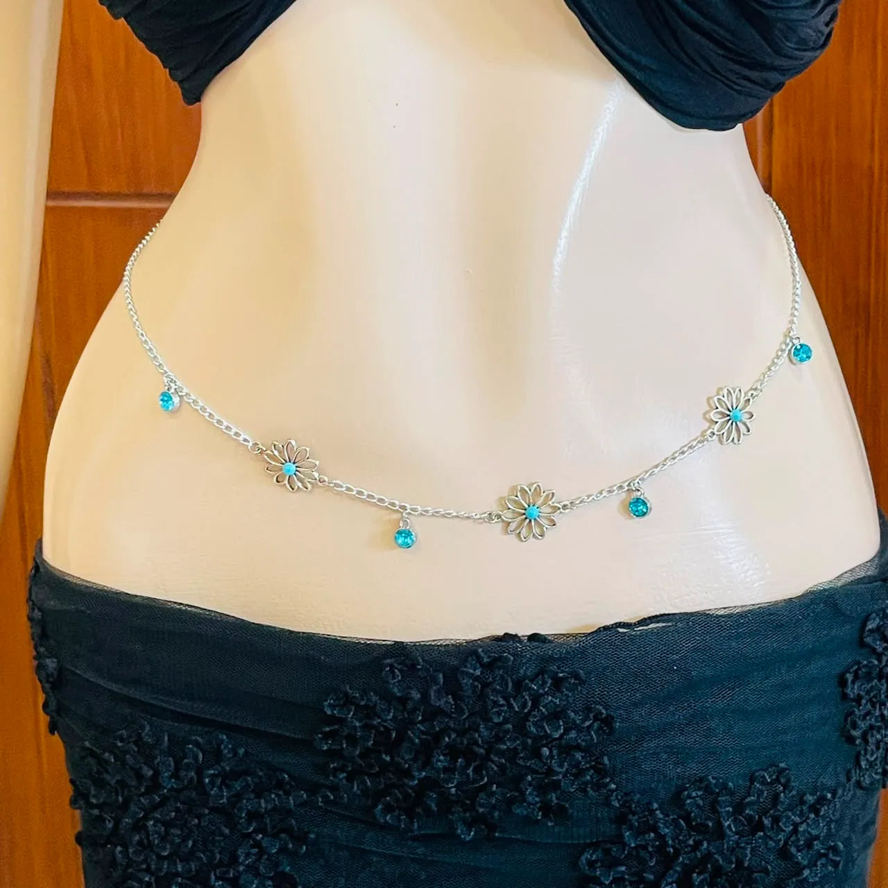 Silver Daisy Flower & Blue Crystal Waist Chain