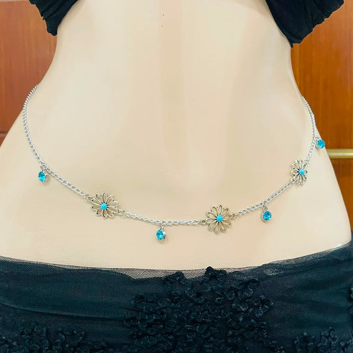Silver Daisy Flower & Blue Crystal Waist Chain