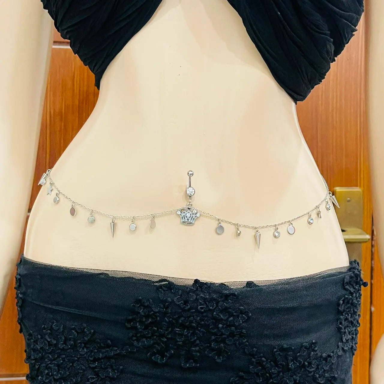 Silver Crown Belly Piercing Ring with Attached Waist Chain