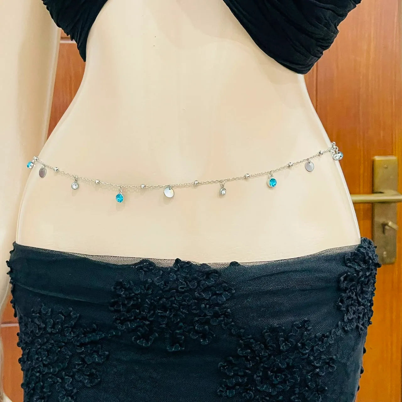 Dainty Silver Waist Chain with Turquoise & Clear Crystals