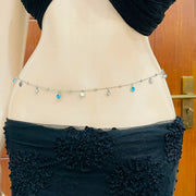 Dainty Silver Waist Chain with Turquoise & Clear Crystals