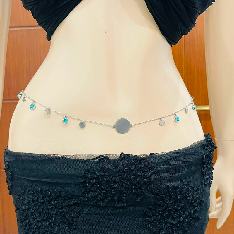 Silver Disc & Blue Crystal Charm Waist Chain