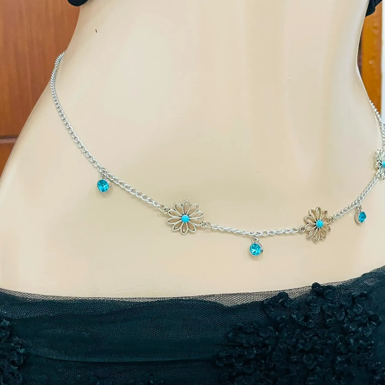Silver Daisy Flower & Blue Crystal Waist Chain