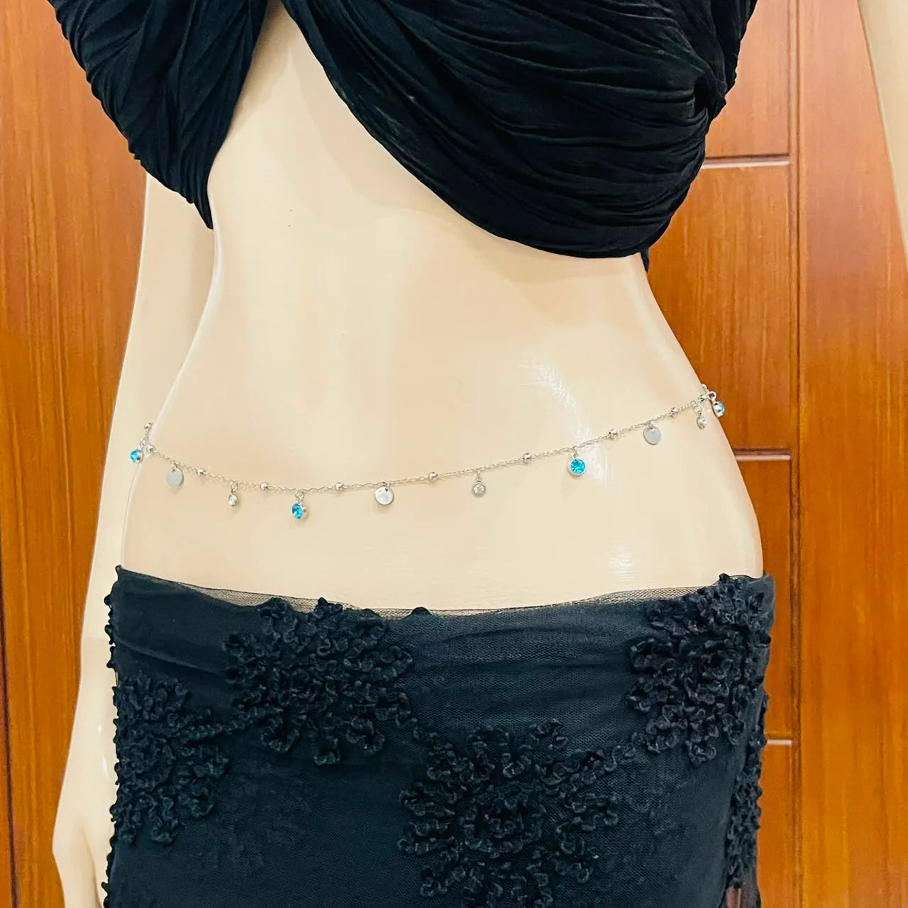 Dainty Silver Waist Chain with Turquoise & Clear Crystals