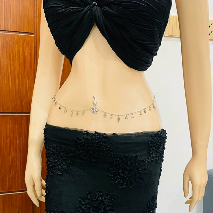 Silver Crown Belly Piercing Ring with Attached Waist Chain