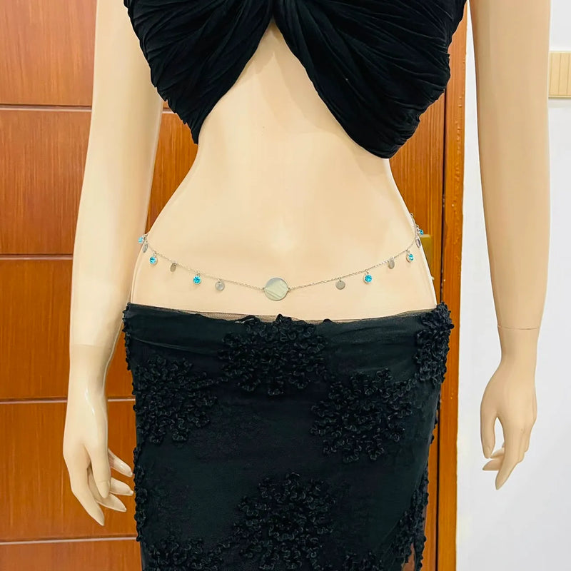 Silver Disc & Blue Crystal Charm Waist Chain