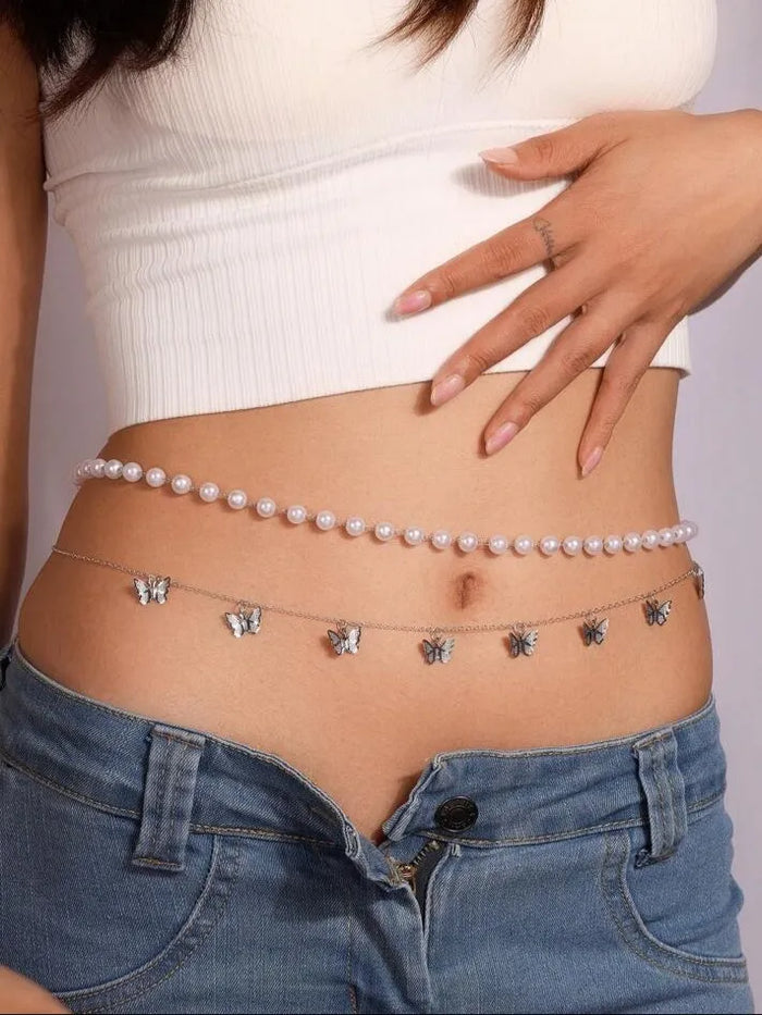 Pearl & Butterfly Double Waist Chain
