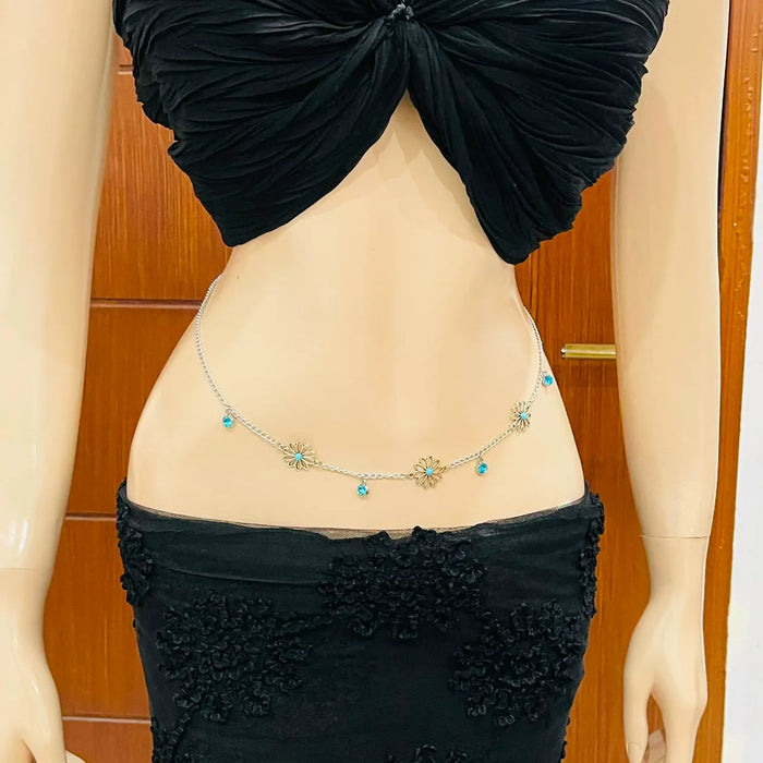 Silver Daisy Flower & Blue Crystal Waist Chain