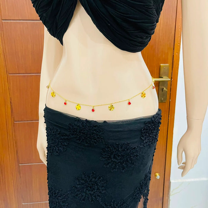 Gold Belly Chain with Red Crystal & Flower Charms