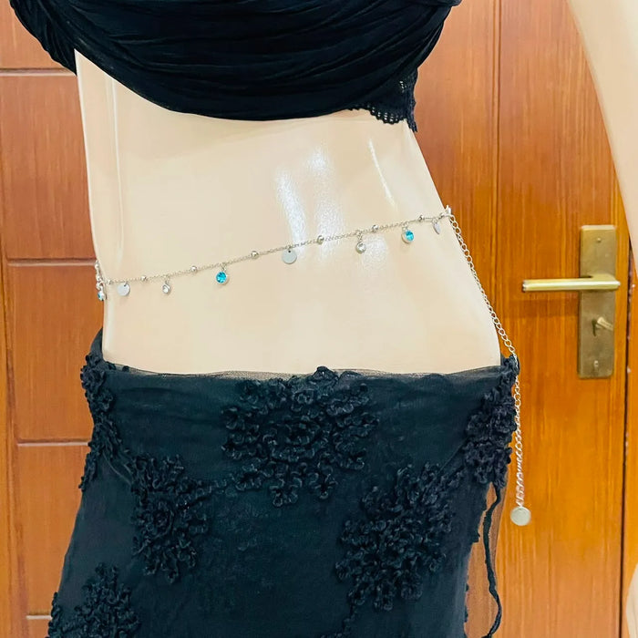 Dainty Silver Waist Chain with Turquoise & Clear Crystals