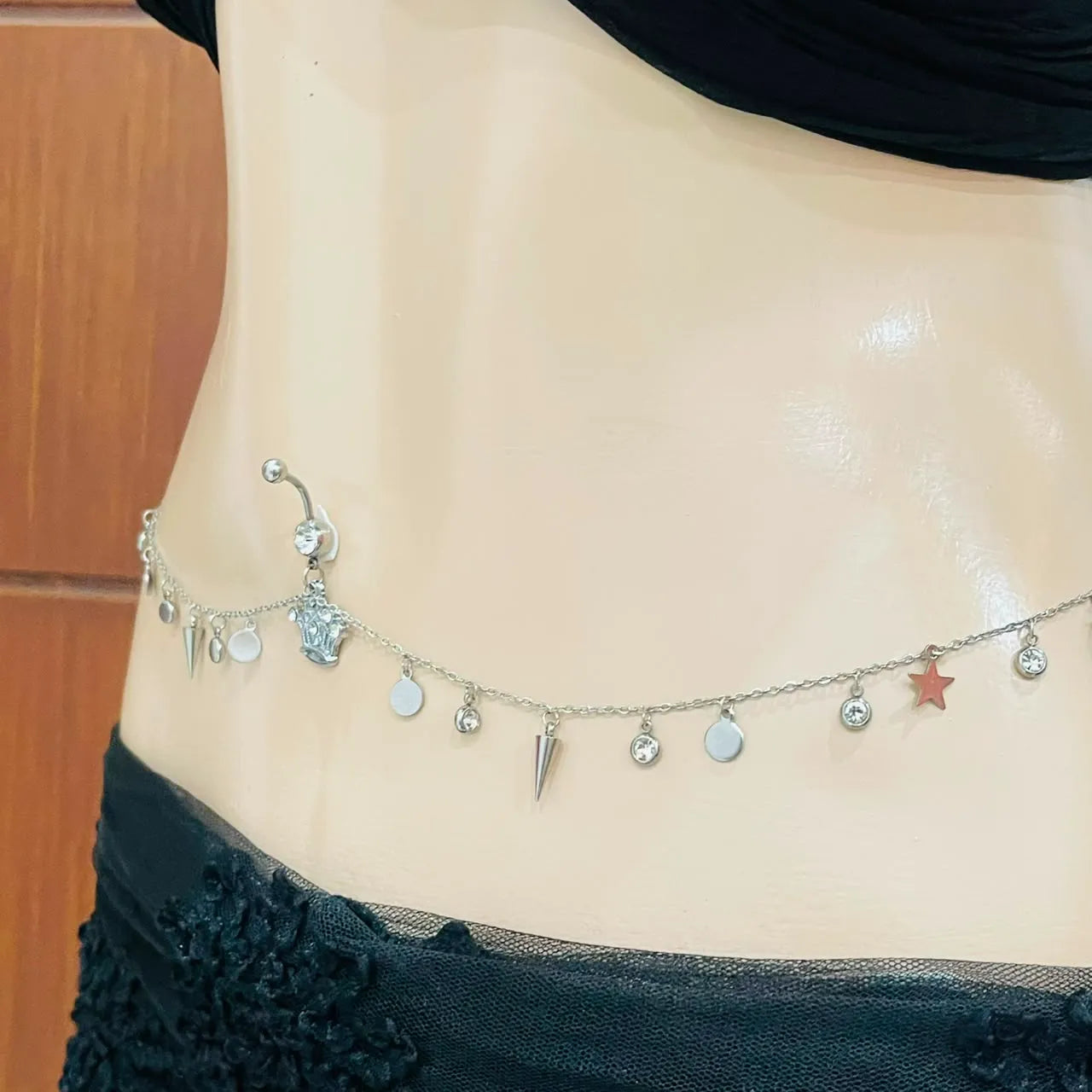 Silver Crown Belly Piercing Ring with Attached Waist Chain