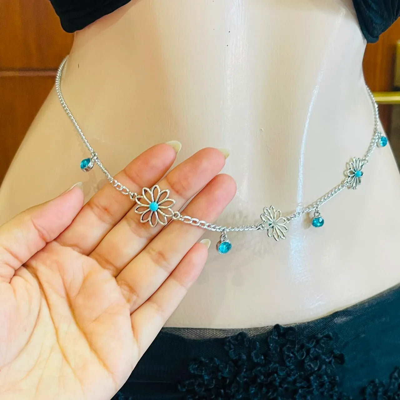 Silver Daisy Flower & Blue Crystal Waist Chain