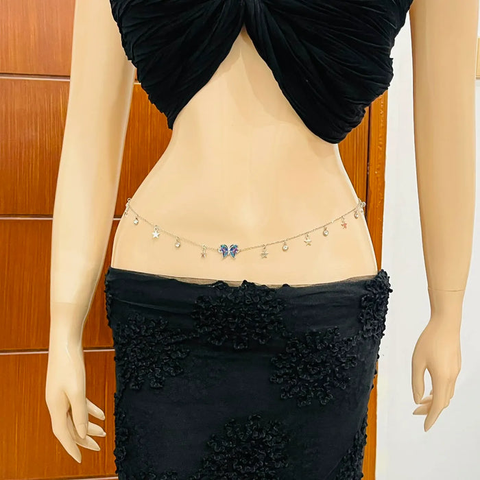 Silver Butterfly & Crystal Star Charm Belly Chain