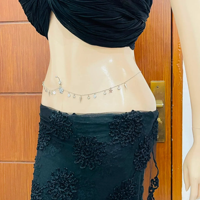 Silver Crown Belly Piercing Ring with Attached Waist Chain