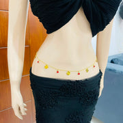 Gold Belly Chain with Red Crystal & Flower Charms