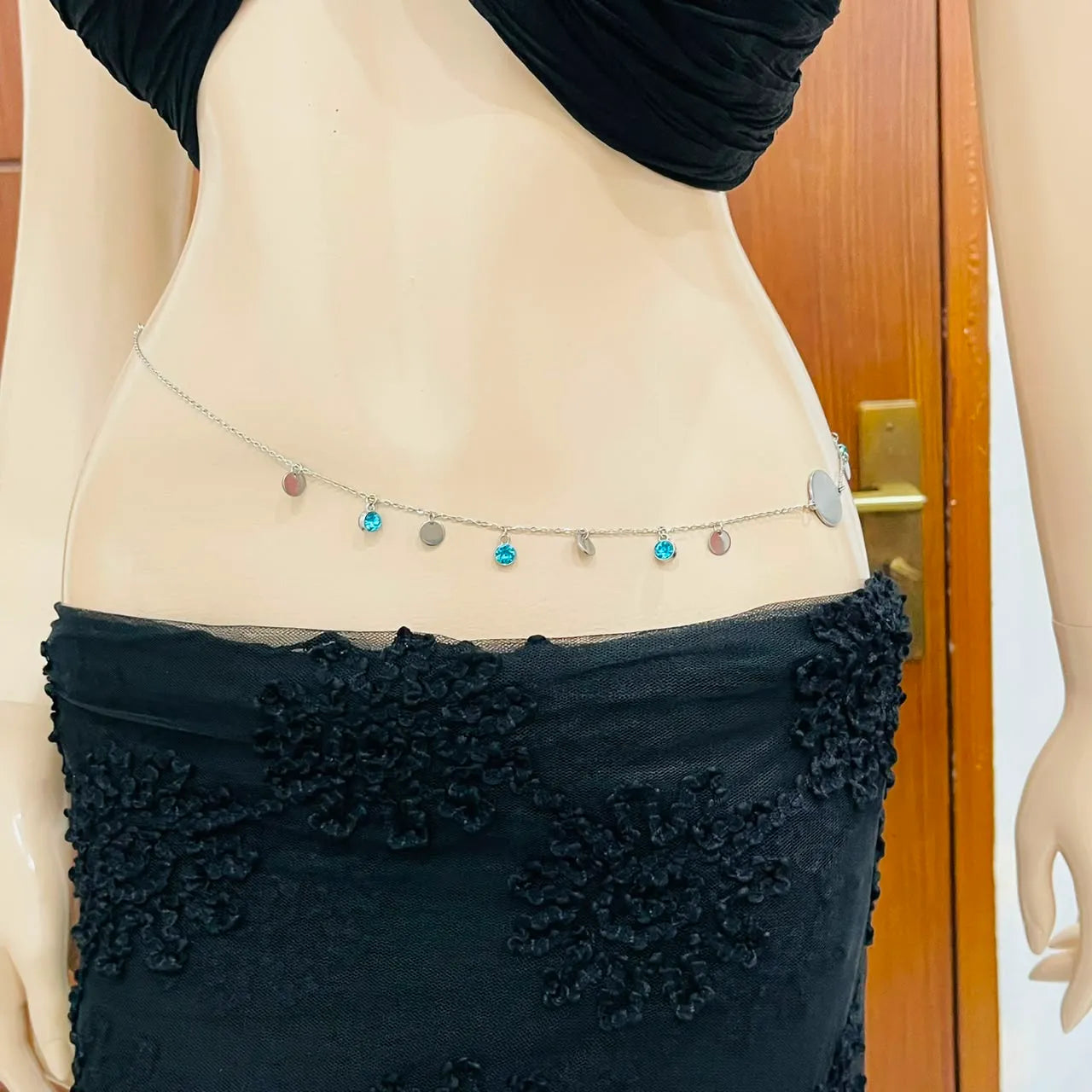 Silver Disc & Blue Crystal Charm Waist Chain