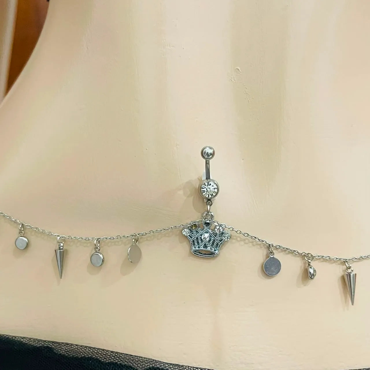 Silver Crown Belly Piercing Ring with Attached Waist Chain