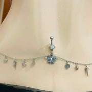 Silver Crown Belly Piercing Ring with Attached Waist Chain