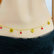Gold Belly Chain with Red Crystal & Flower Charms
