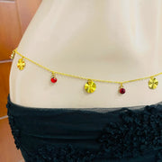 Gold Belly Chain with Red Crystal & Flower Charms
