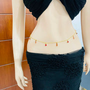 Gold Belly Chain with Red Crystal & Flower Charms