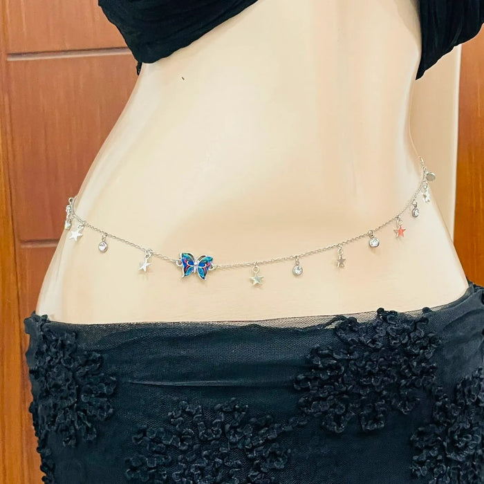 Silver Butterfly & Crystal Star Charm Belly Chain