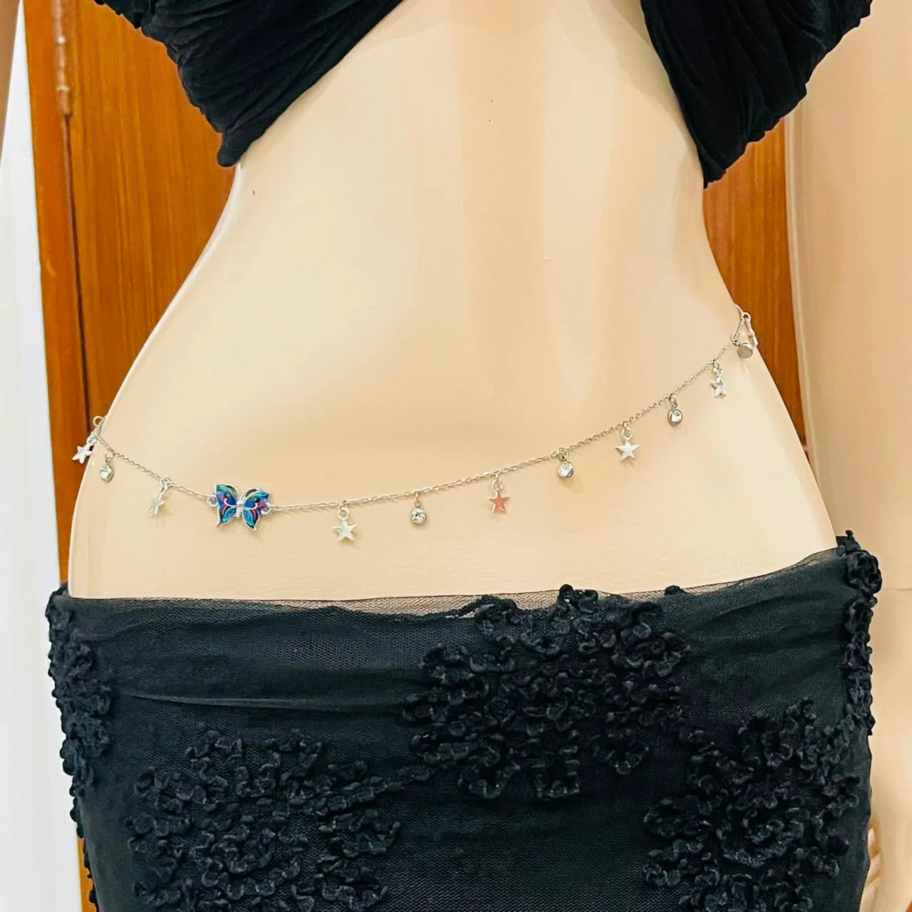 Silver Butterfly & Crystal Star Charm Belly Chain