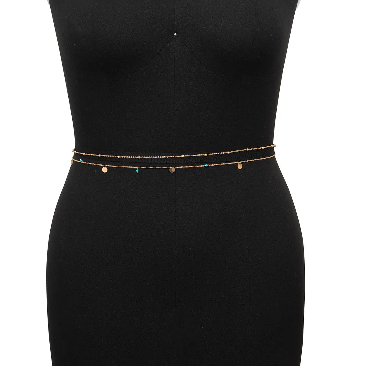 Double-Layered Gold Waist Chain with Disc & Turquoise Charms