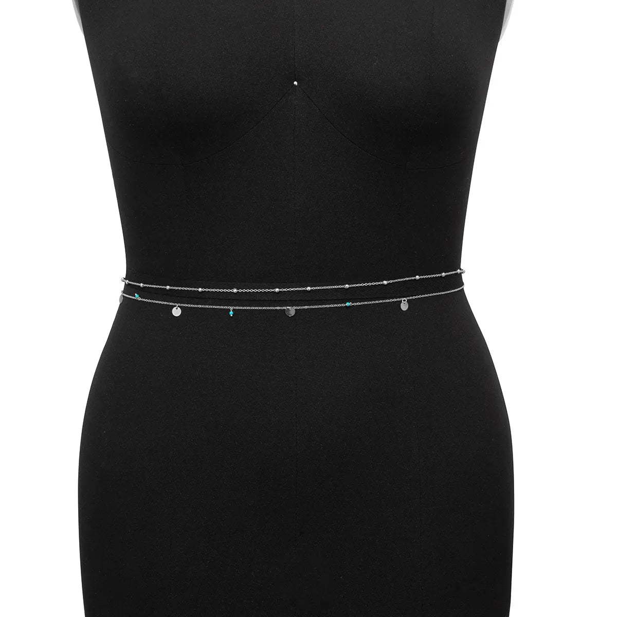 Double-Layered Gold Waist Chain with Disc & Turquoise Charms